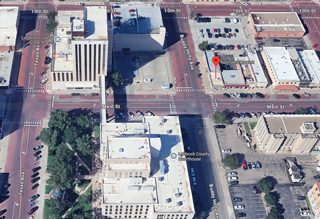 Aerial view showing Nashwell Cowork at 820 Main Street near the Lubbock County Courthouse